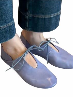 New Blue Faux Leather Tie-Up Ballet Flats.